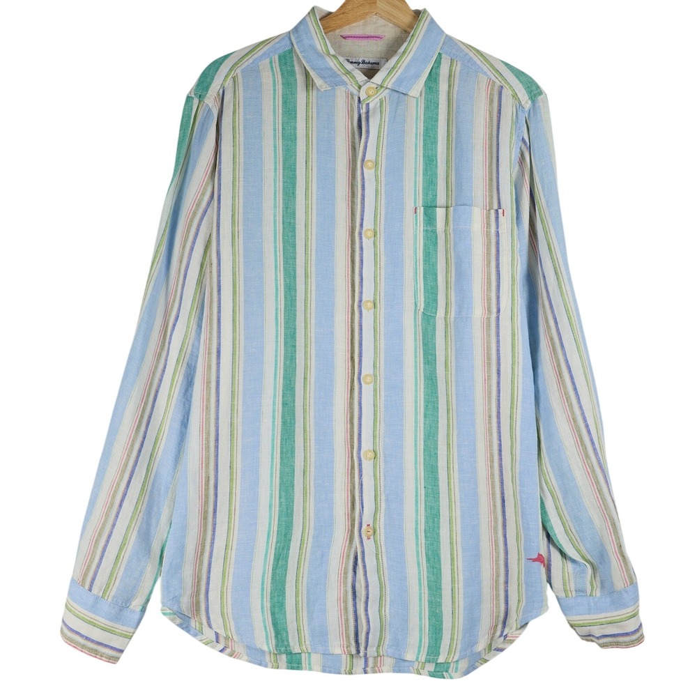 Tommy‎ Bahama 100% Linen Mens Medium Long Sleeve Button Up Shirt Blue Green